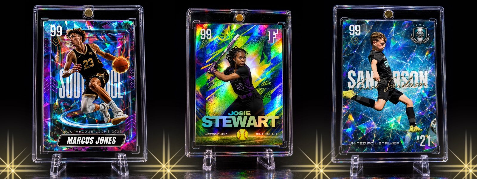 Keeper Moments holographic trading card examples — basketball, softball, soccer