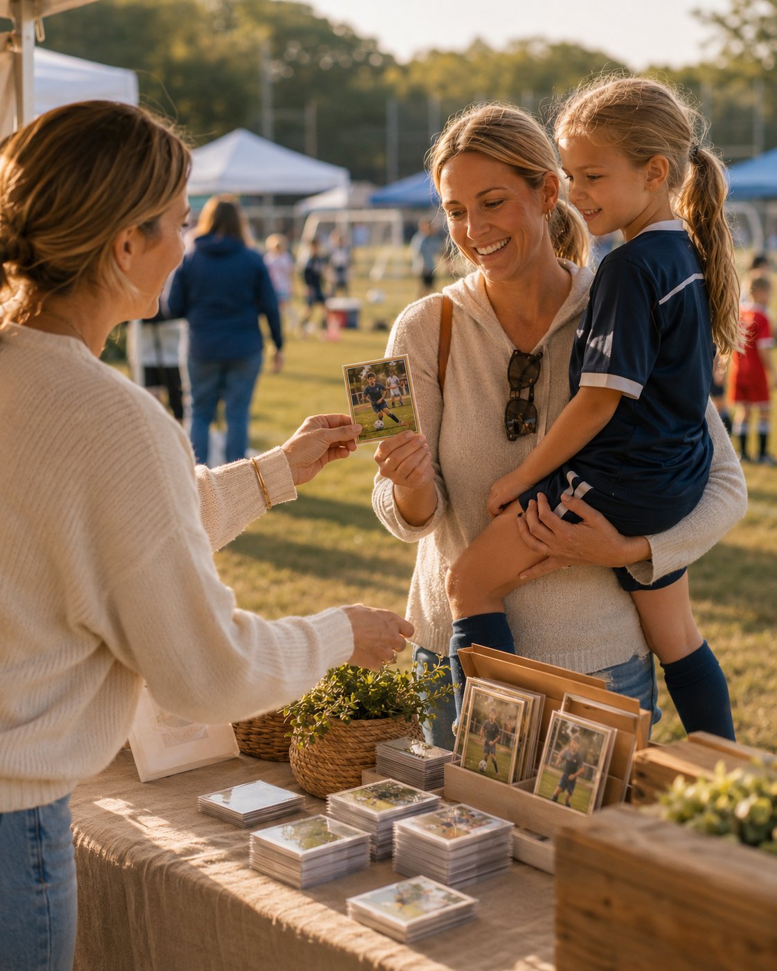 Keeper Moments booth at an outdoor youth sports tournament — a mom holding her young soccer player smiles as Lauren hands her a freshly printed photo card, with neat stacks of finished cards visible on the booth's linen-covered table