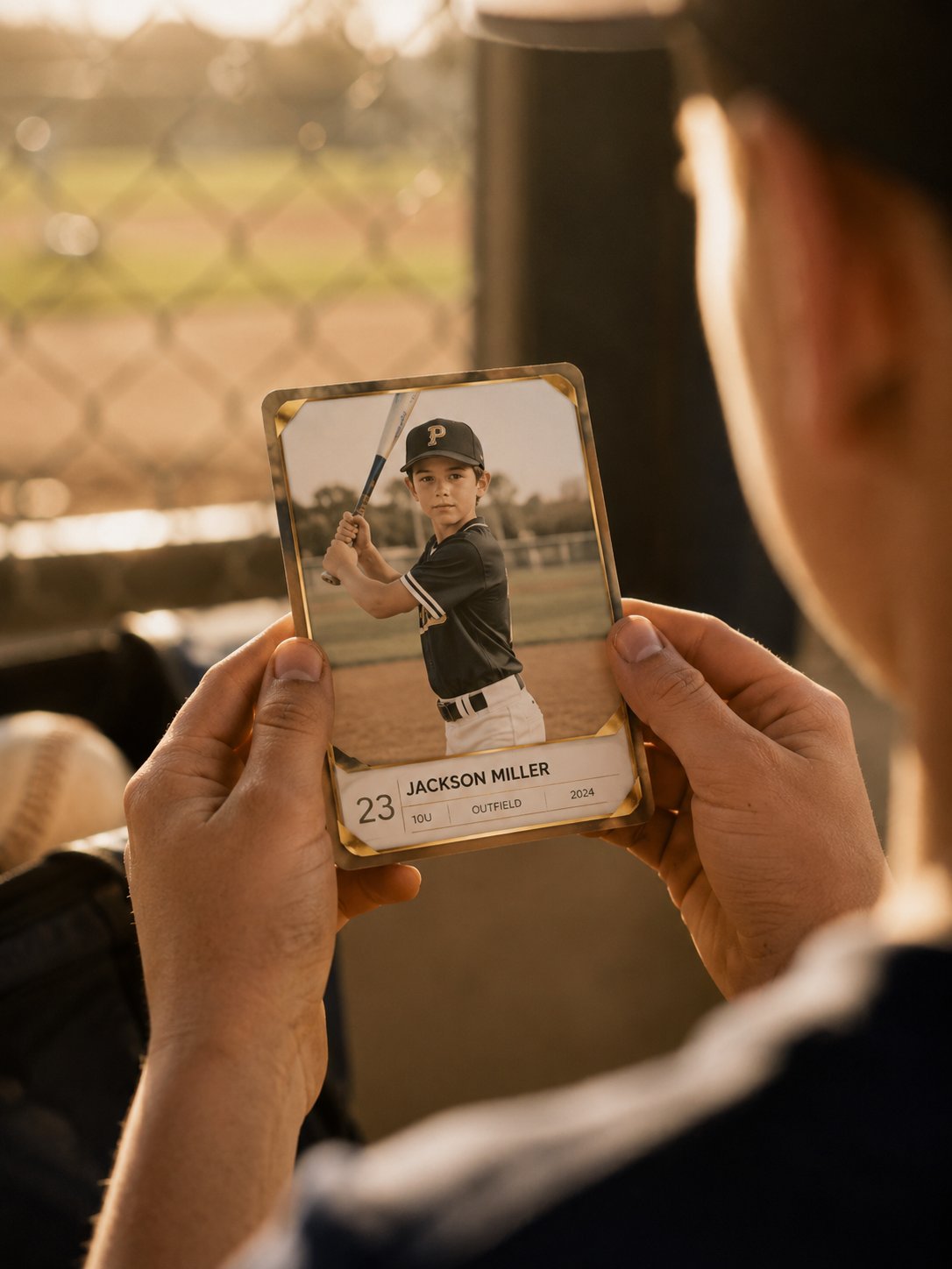 A coach holding a custom photo trading card of a young baseball player at golden hour, blurred chain-link fence in the background