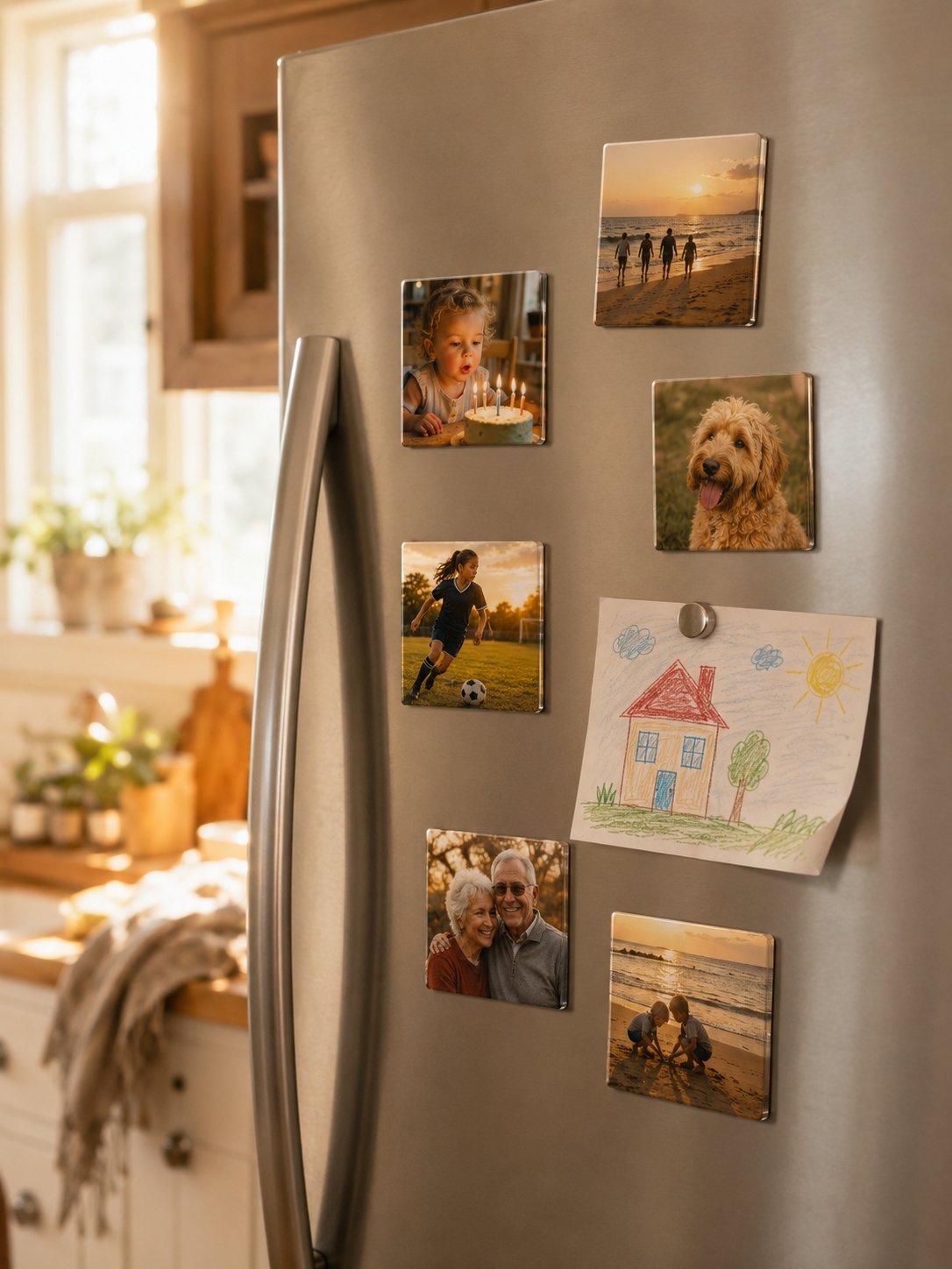 Six custom photo magnets arranged on a stainless steel refrigerator with a child's crayon drawing pinned among them, warm golden hour kitchen light