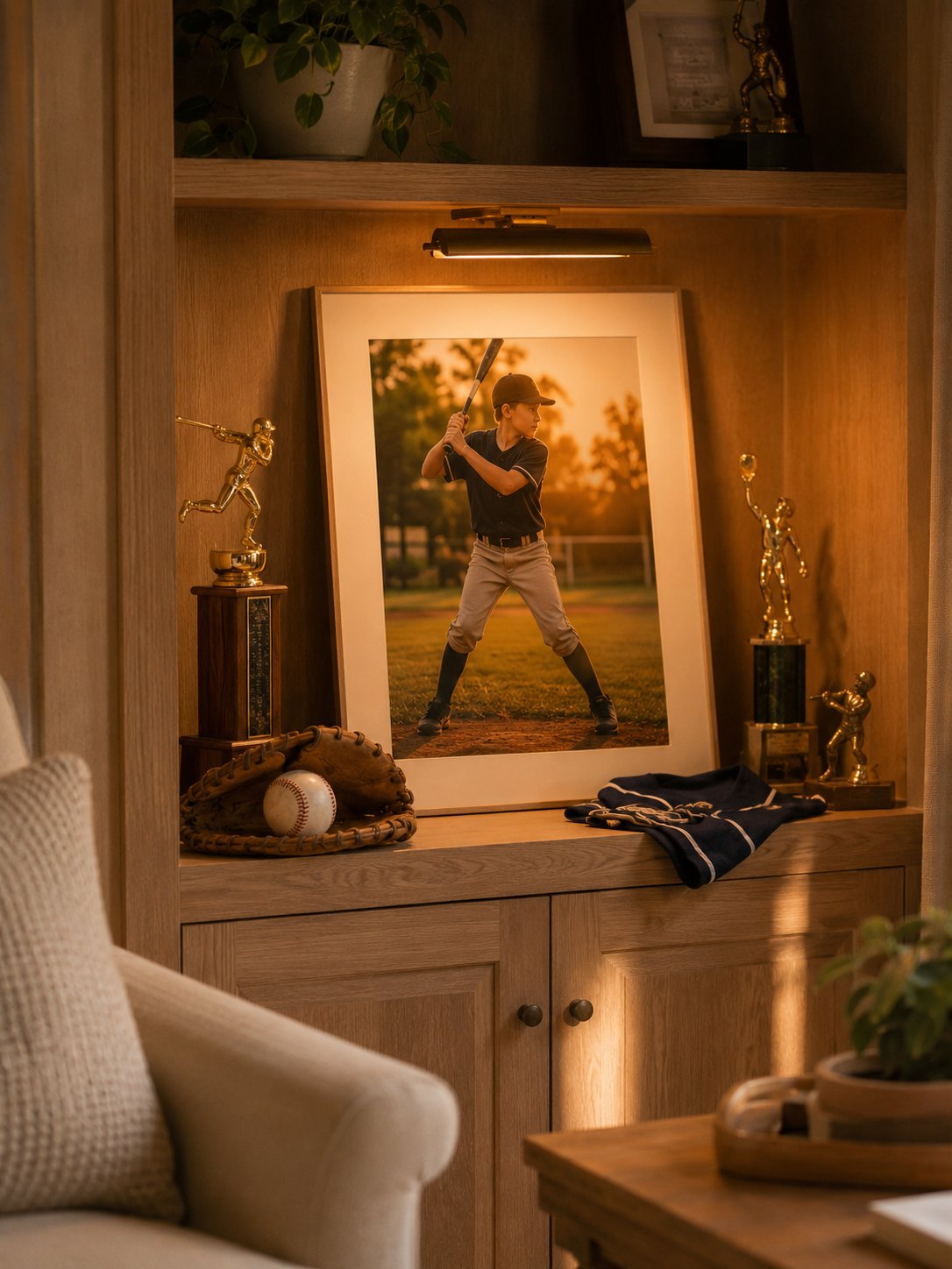 Gold-framed photo poster of a young baseball player at golden hour, displayed on a warm wood shelf with gold trophies, baseball glove, and navy jersey, dramatic picture light overhead