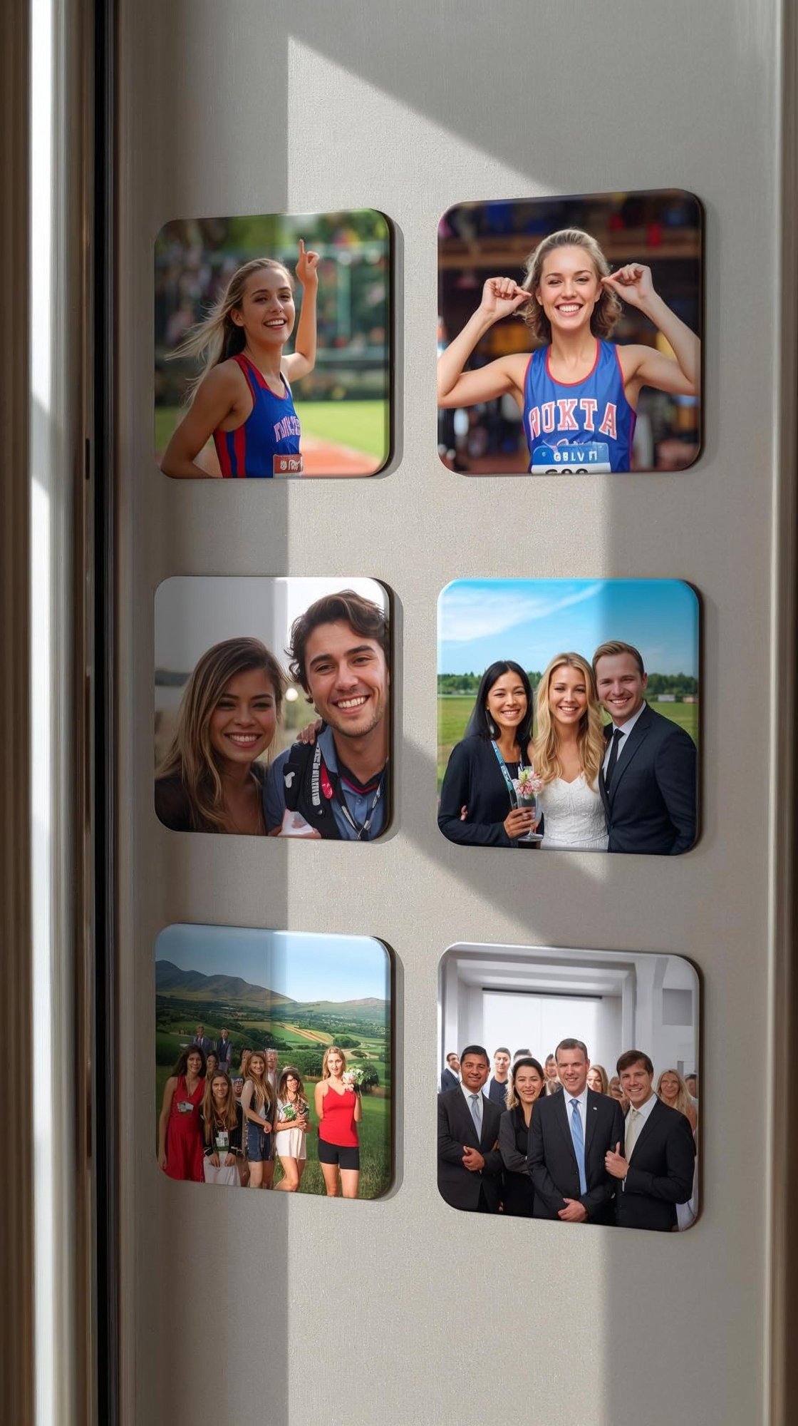 Custom photo magnets on a fridge