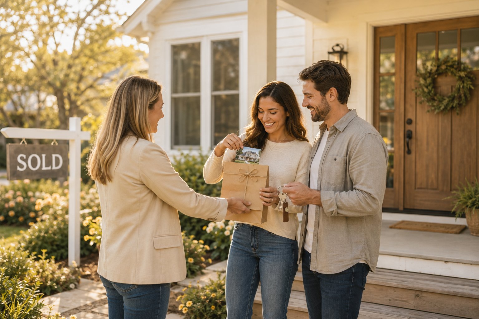A real estate agent in cream blazer handing a kraft paper gift bag to a couple on the front porch of their just-purchased home, a SOLD sign visible in the soft-focused yard at golden hour, a custom photo magnet of the new home peeking out of the gift bag