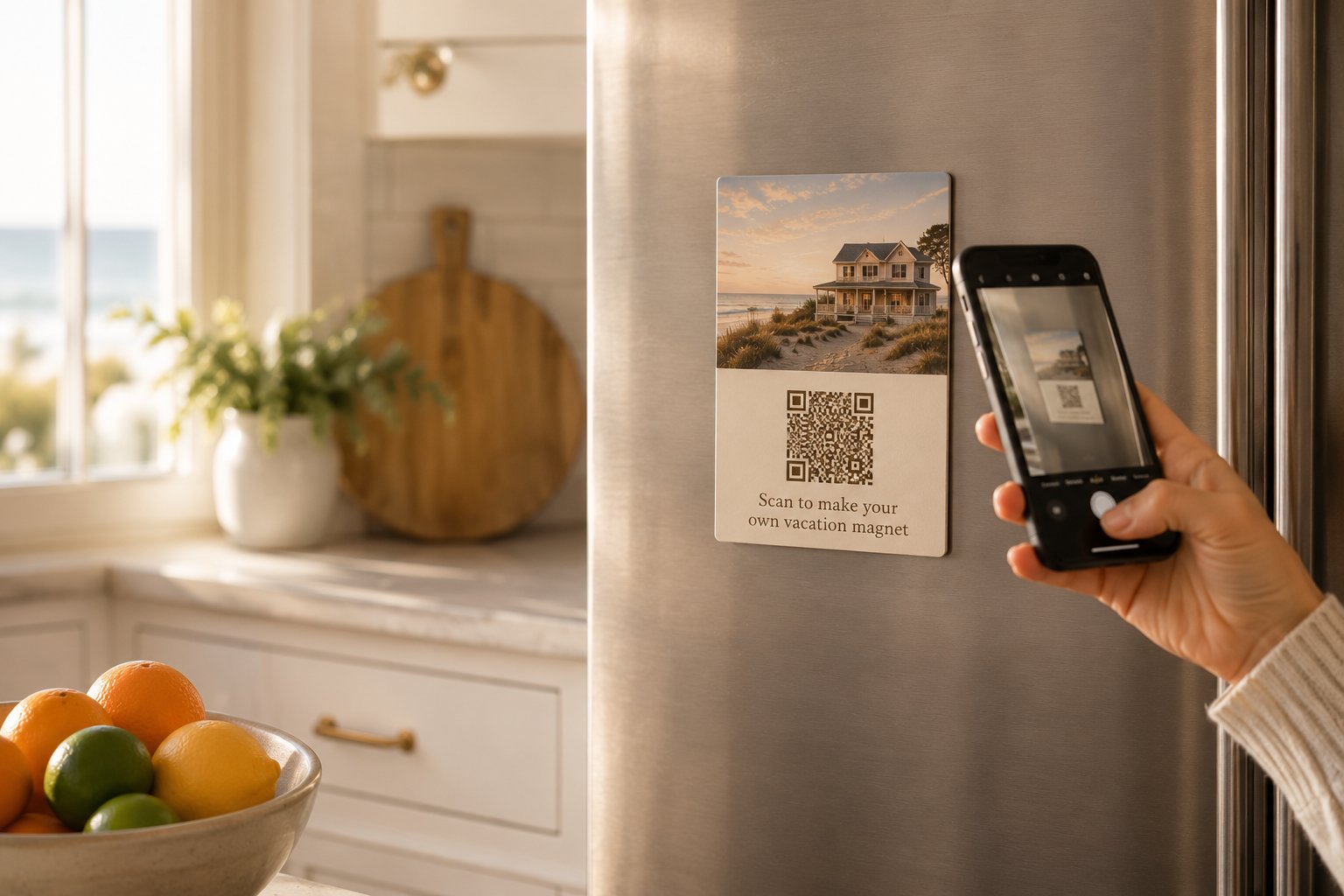 A QR code magnet on a stainless steel refrigerator in a clean coastal vacation rental kitchen — the magnet shows a beach house exterior on top and a scannable QR code below with the caption 'Scan to make your own vacation magnet' — a guest's hand holding a smartphone aimed at the magnet to scan it