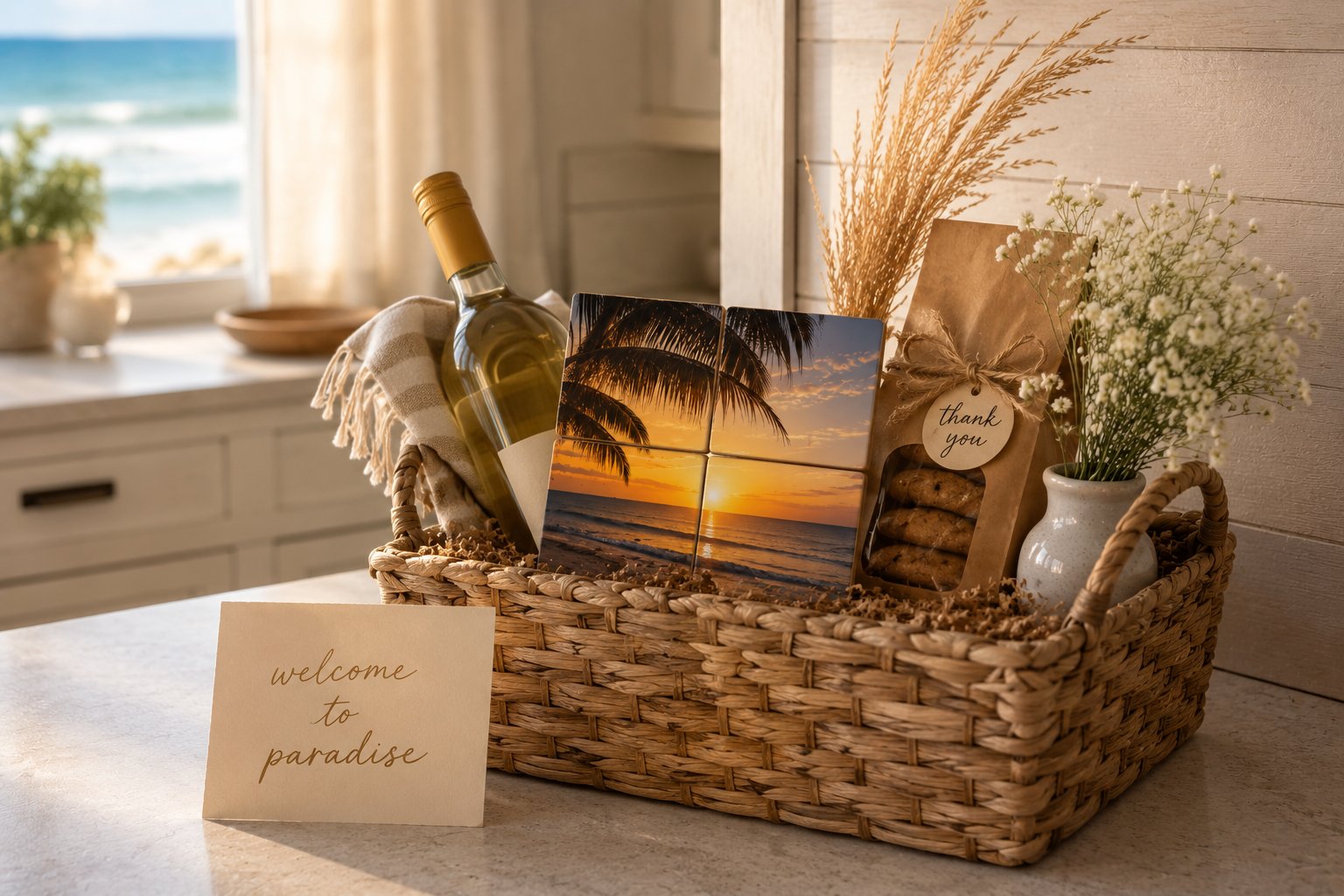 A welcome basket on the kitchen counter of a coastal vacation rental holding a wine bottle, fresh-baked cookies, a sprig of dried beach grass, and a custom 4-tile photo mosaic of a Gulf Coast sunset — with a 'welcome to paradise' card propped beside the basket and the ocean visible through a window
