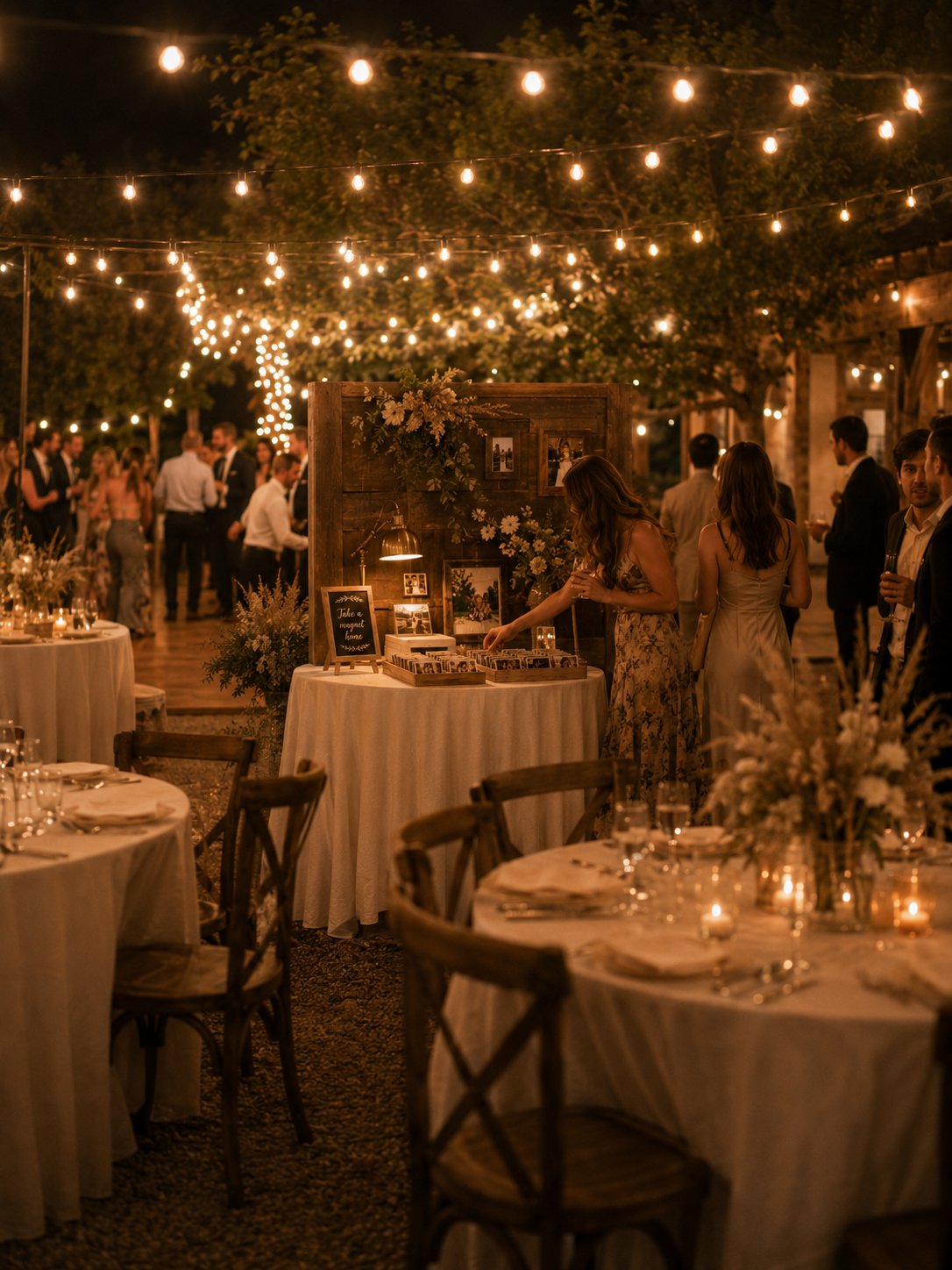 A Keeper Moments magnet bar at an outdoor wedding reception under warm string lights, with a wood-paneled backdrop, neat trays of finished photo magnets, a small chalkboard sign reading 'Take a magnet home,' and a guest selecting a magnet — surrounded by linen-draped tables and ambient candlelight