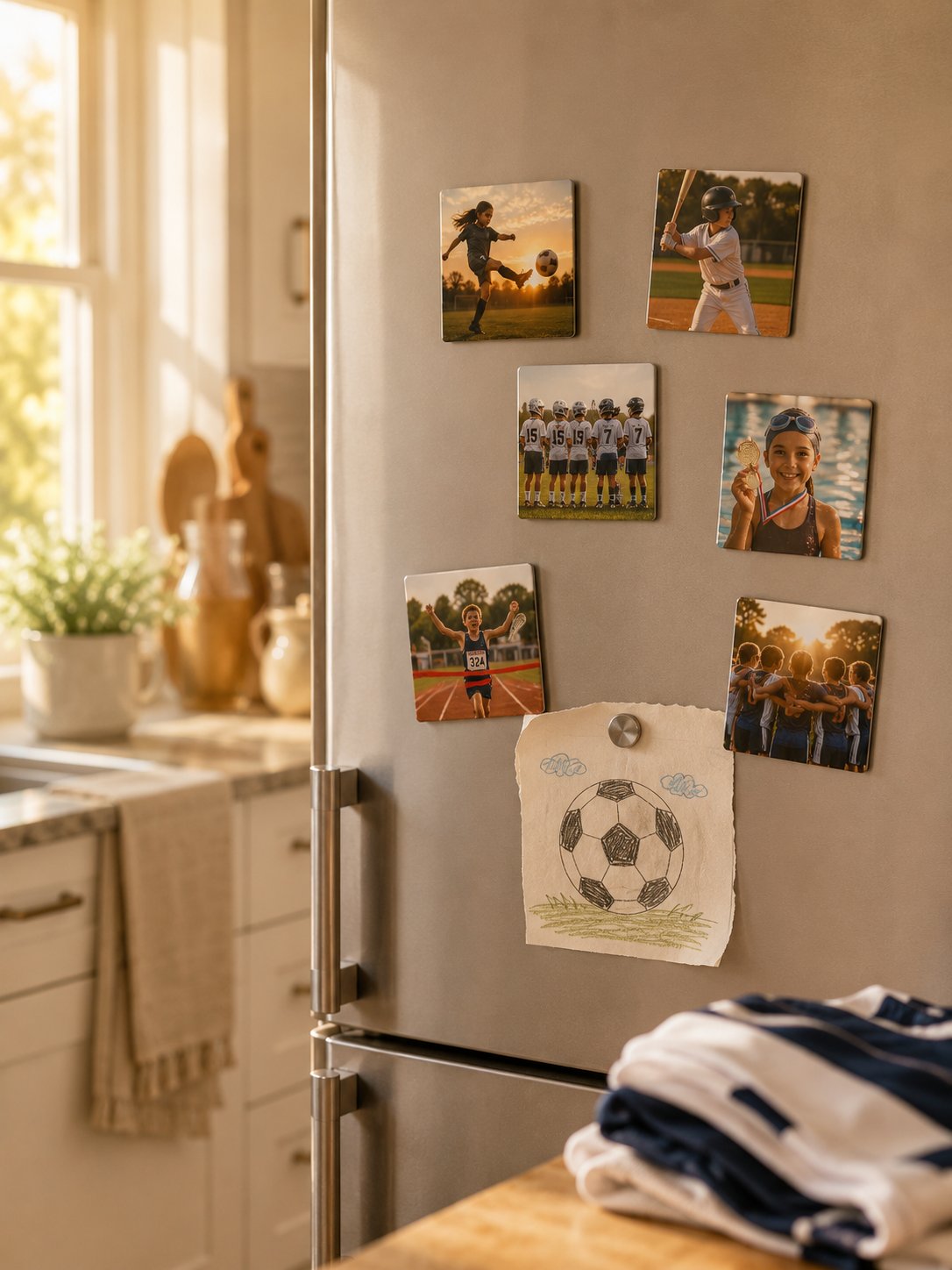 A family kitchen fridge covered in six photo magnets showing different youth sports moments — soccer, baseball, lacrosse, swimming, track, and a team huddle — with a child's crayon drawing of a soccer ball pinned among them, and a folded team uniform on the kitchen counter in the soft-focused foreground